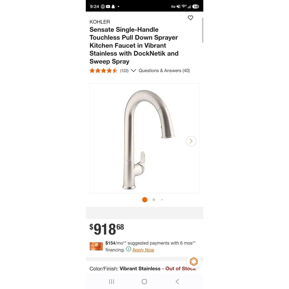 Kohler Sensate K-72218-VS Touchless Pull-Down Kitchen Faucet Vibrant...